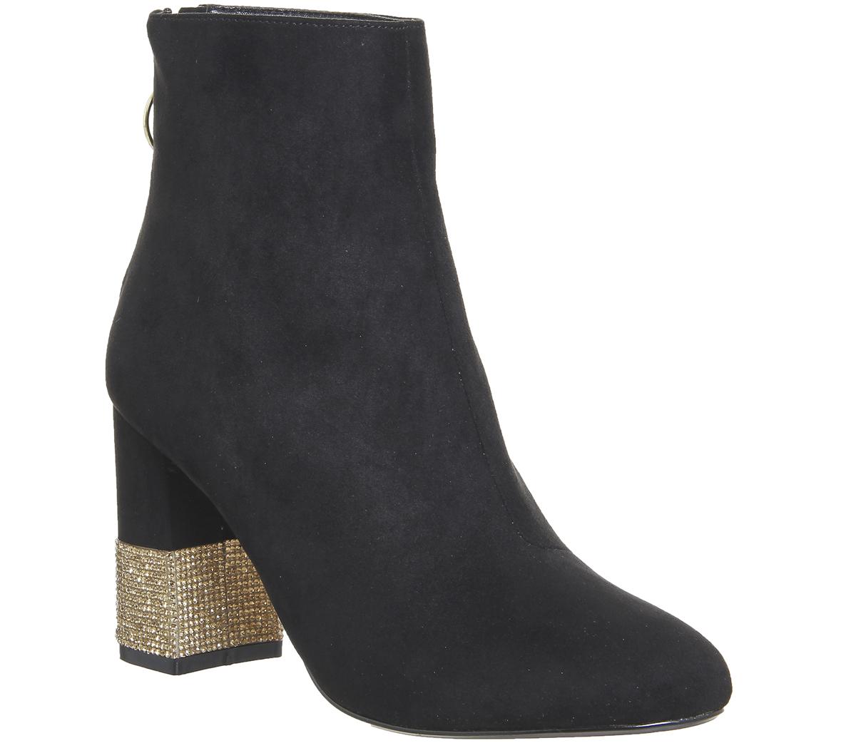 OFFICEAlaska Block Heel Ankle BootBlack With Gold Diamante Heel
