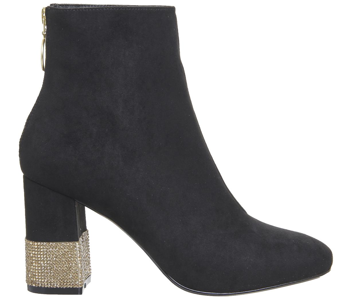 OFFICEAlaska Block Heel Ankle BootBlack With Gold Diamante Heel