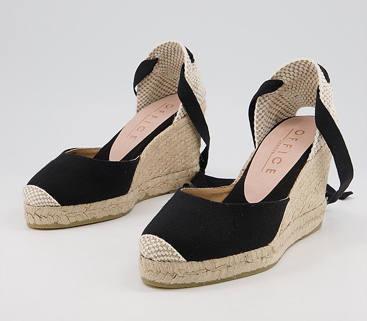 OFFICE Marmalade Ankle Tie Part Mid Heel Espadrille Wedges Black Canvas ...