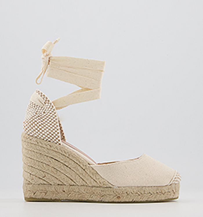 Office Marmalade Ankle Tie Espadrille Mid Heel Wedges Natural Canvas