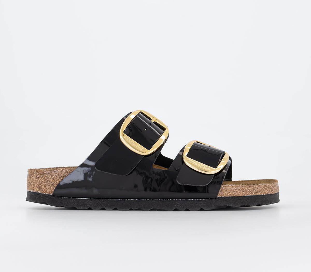 Black patent birkenstocks with 2025 gold buckle