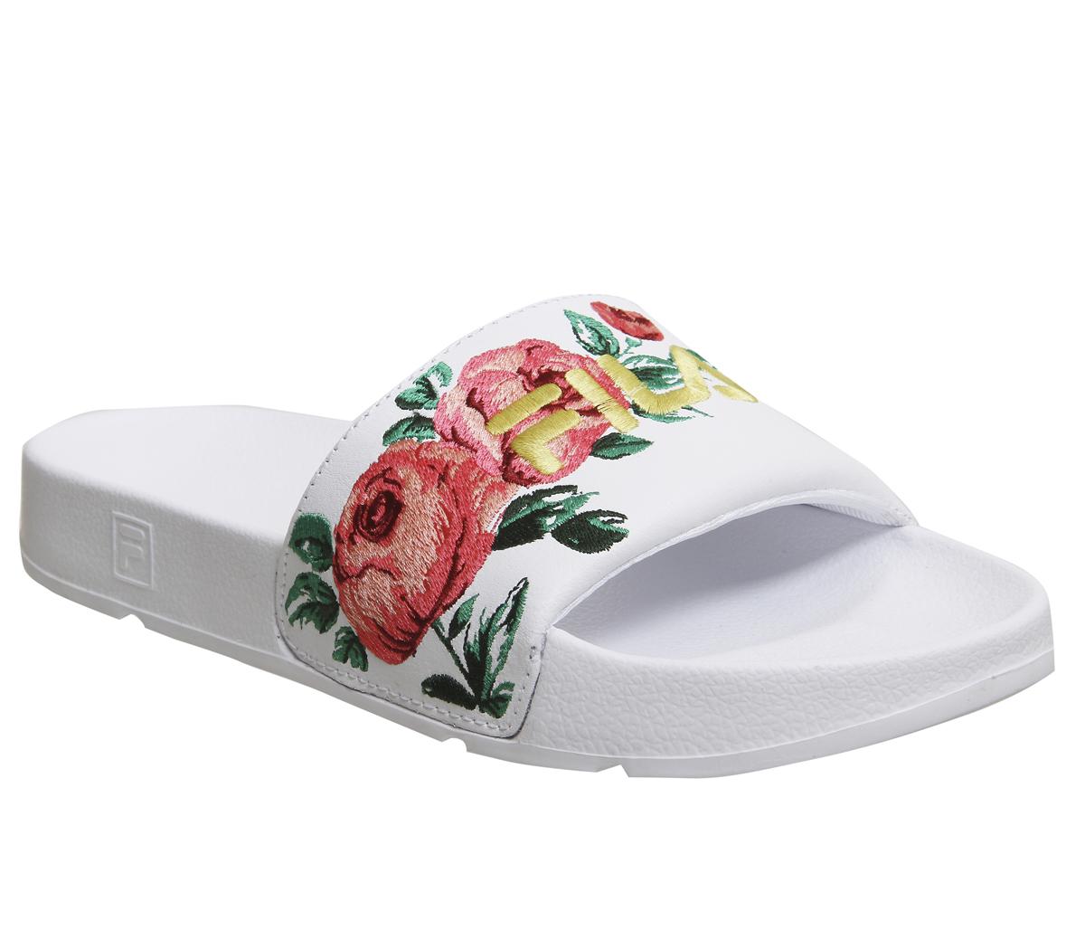 Fila womens drifter rose hot sale embroidered white slide sandals