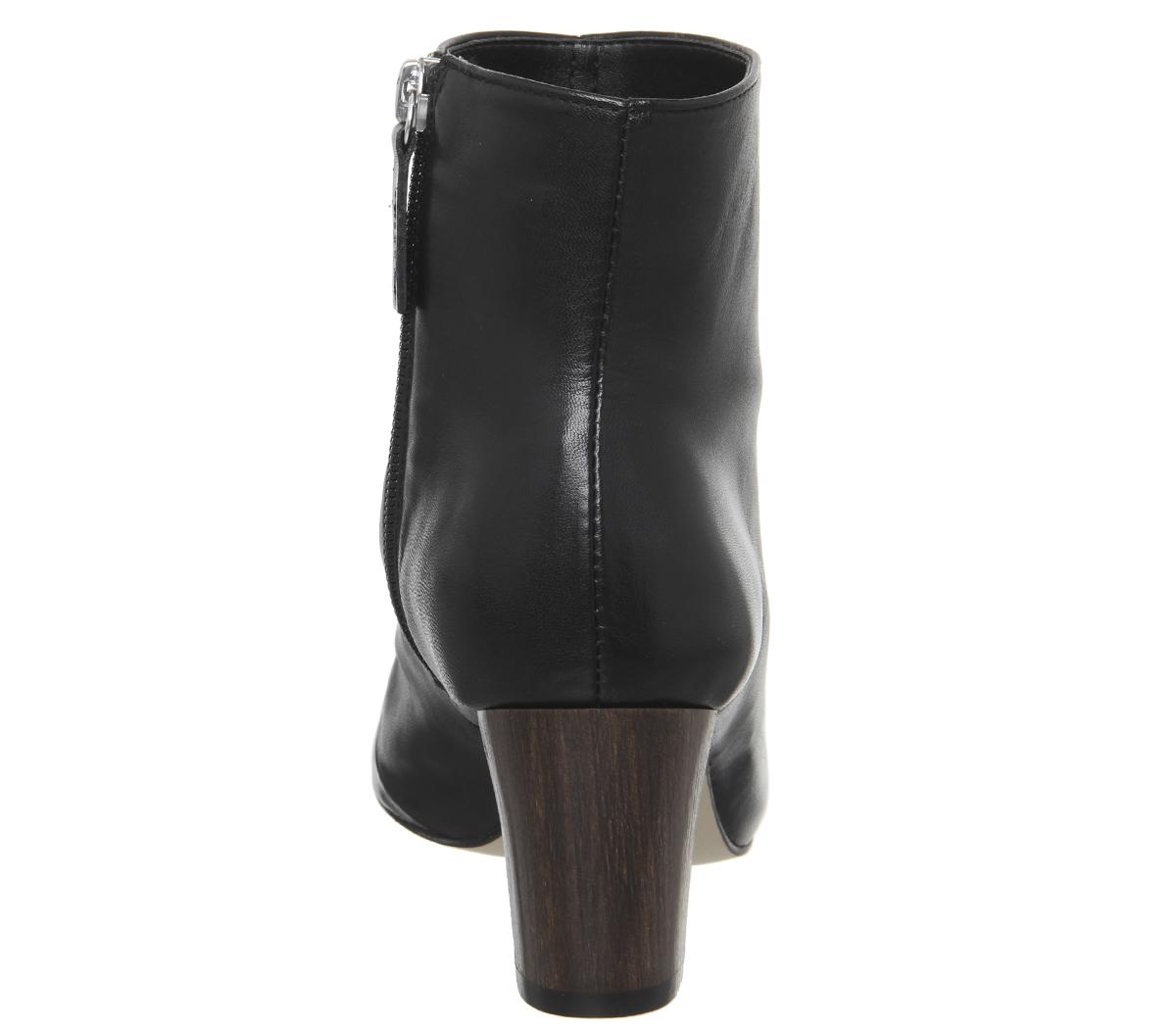 OFFICEAubergine- Curved Heel Ankle BootBlack Leather Wood Effect Heel