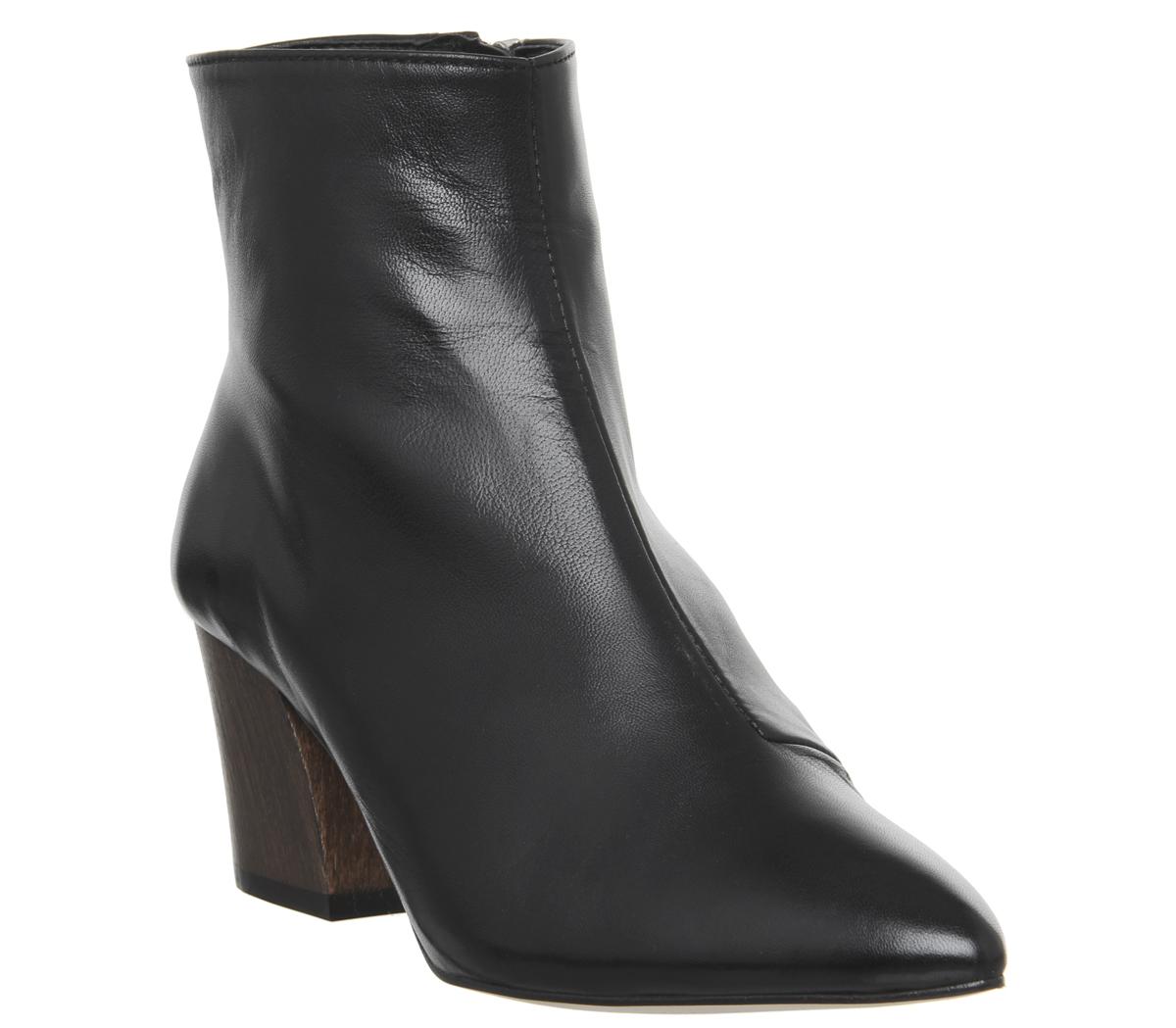 OFFICEAubergine- Curved Heel Ankle BootBlack Leather Wood Effect Heel