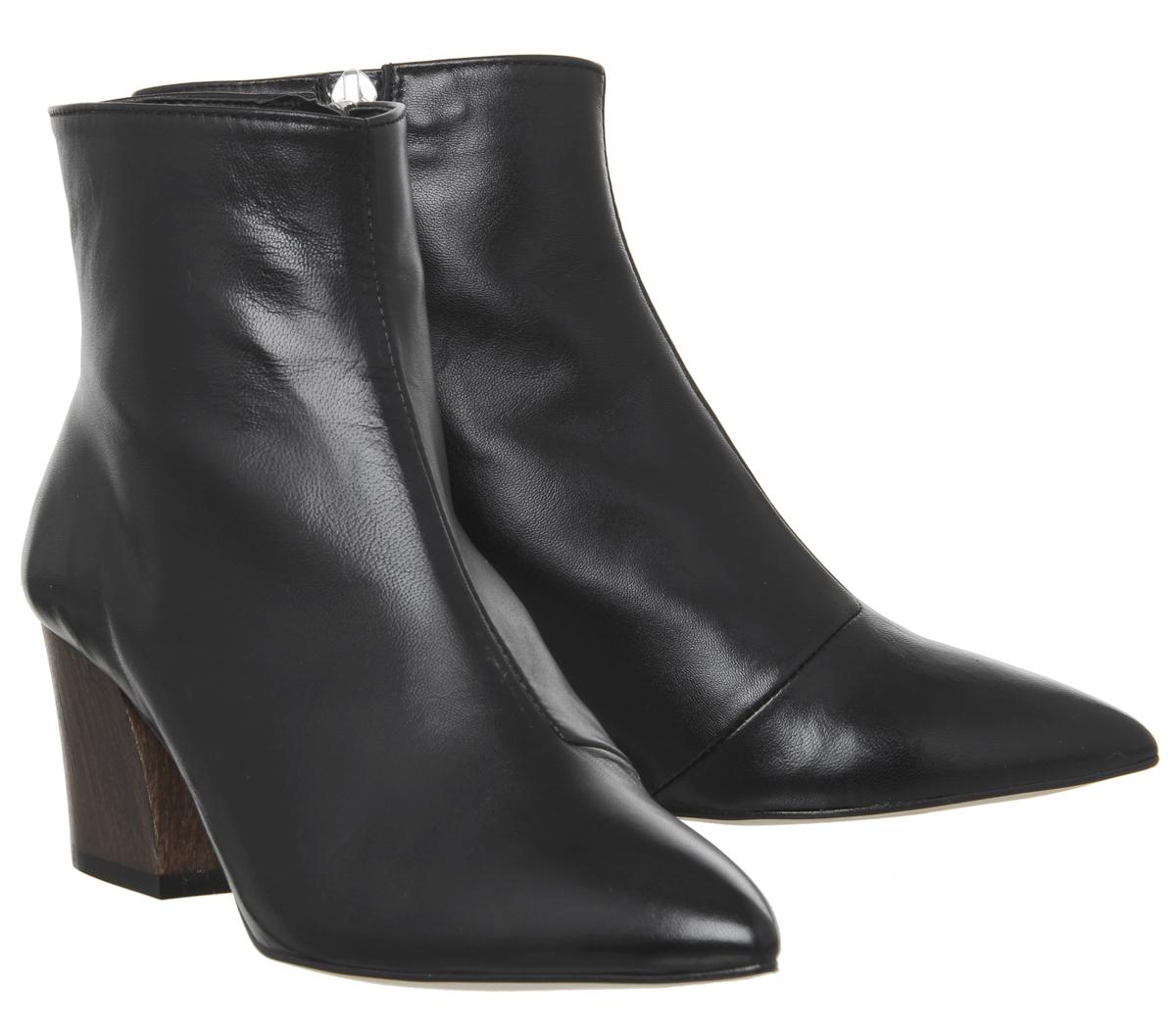OFFICEAubergine- Curved Heel Ankle BootBlack Leather Wood Effect Heel