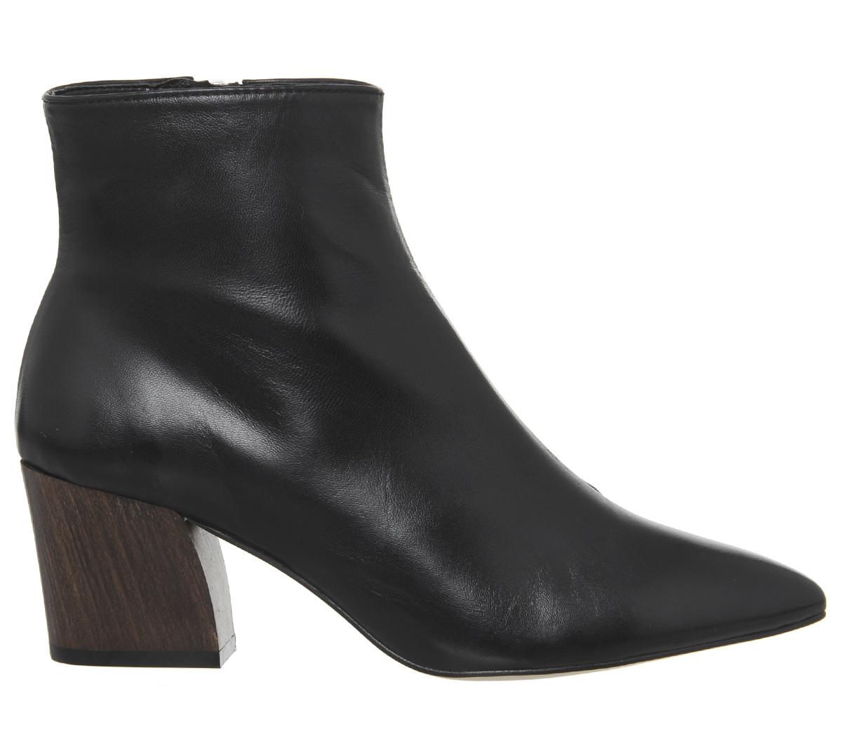 OFFICEAubergine- Curved Heel Ankle BootBlack Leather Wood Effect Heel