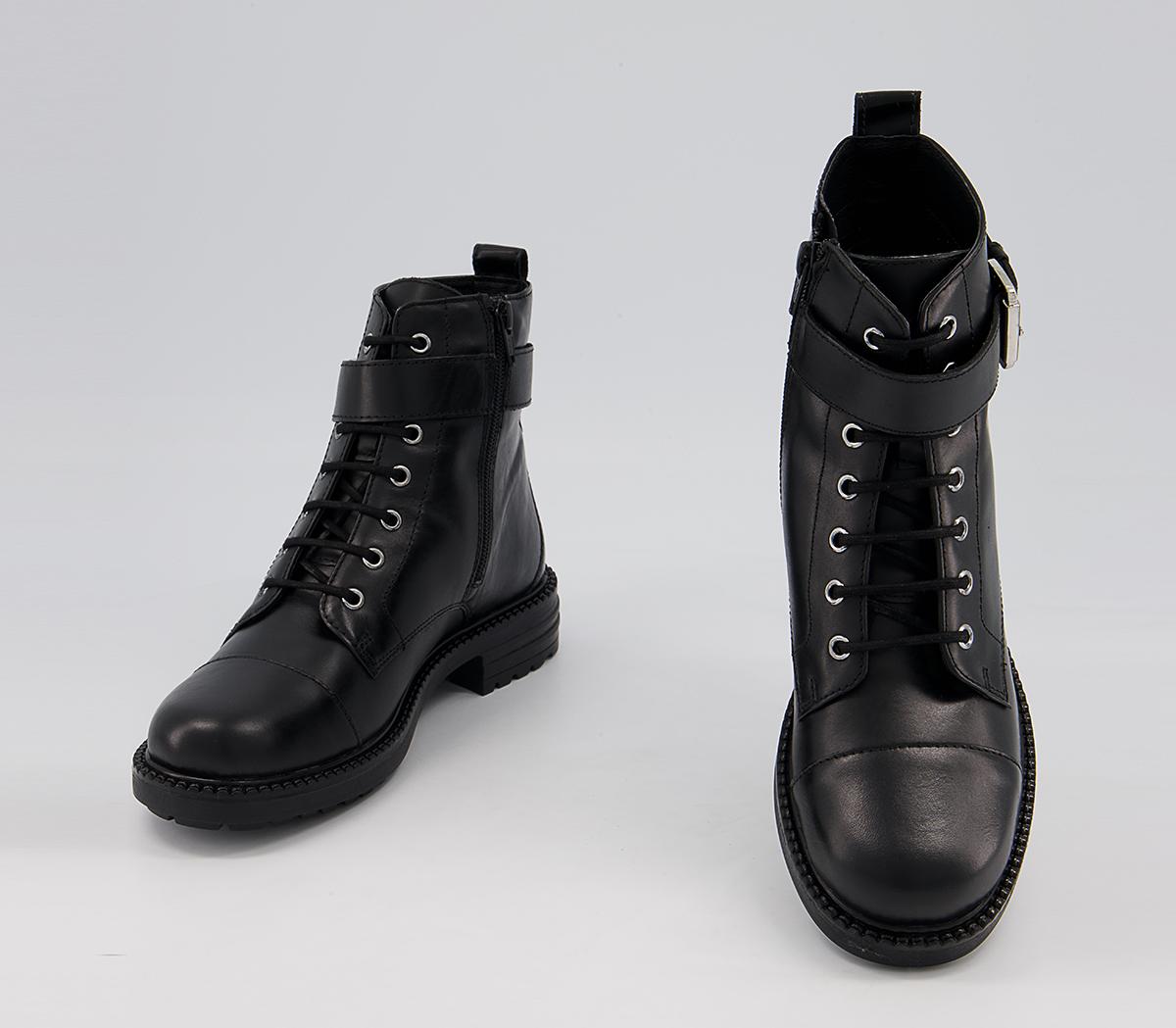 OFFICE Alpaca Buckle Lace Up Biker Boots Black Leather - Women's Ankle ...