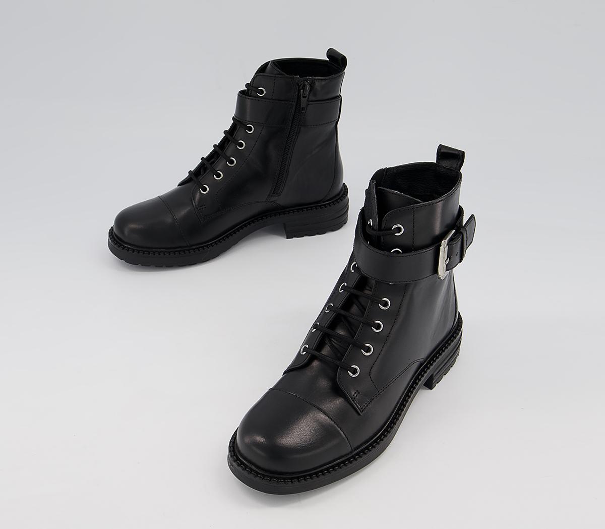 OFFICE Alpaca Buckle Lace Up Biker Boots Black Leather - Women's Ankle ...