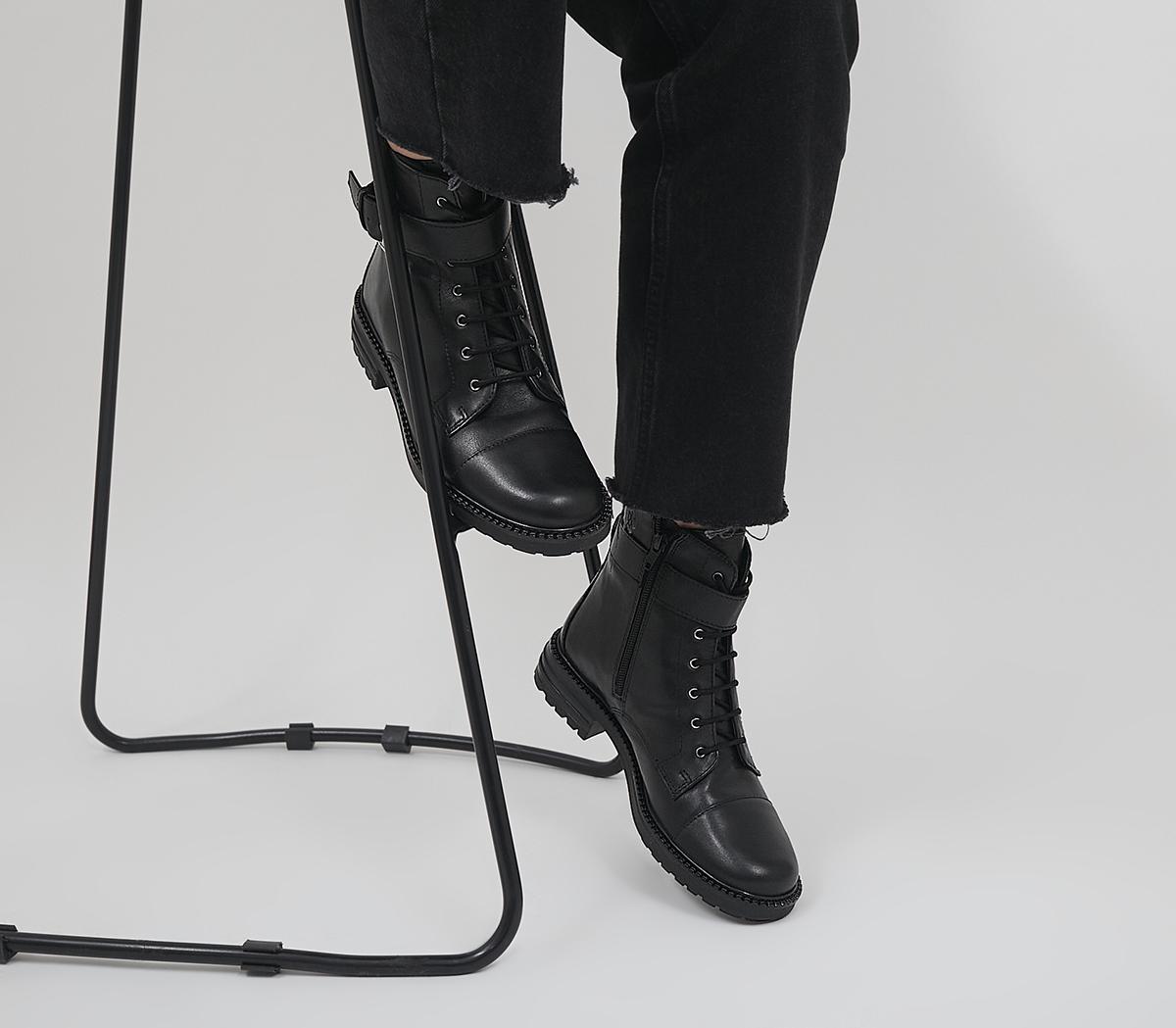 OFFICE Alpaca Buckle Lace Up Biker Boots Black Leather - Women's Ankle Boots