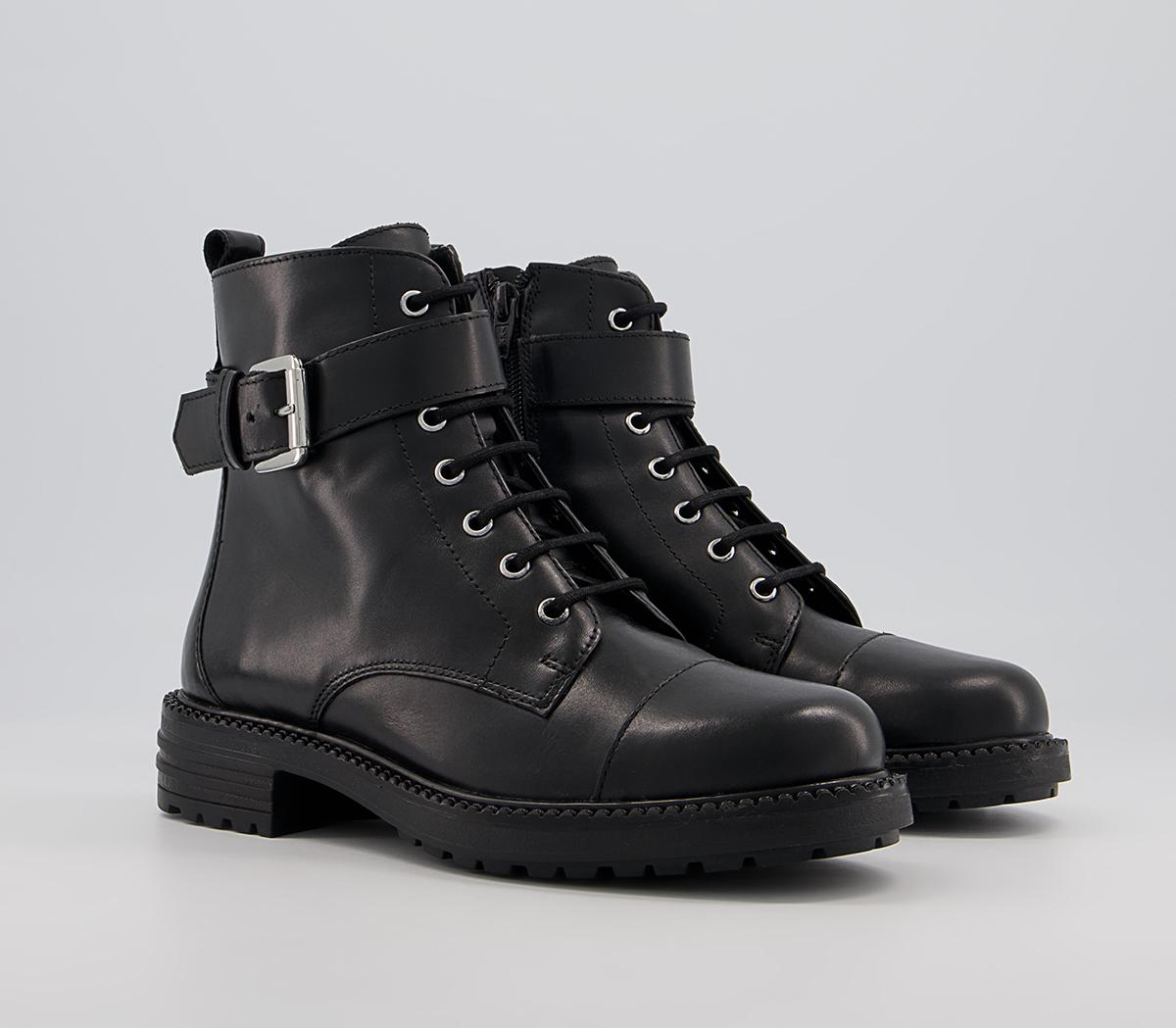 Office Alpaca Buckle Lace Up Biker Boots Office Alpaca Buckle Lace Up Biker Boots Black Leather