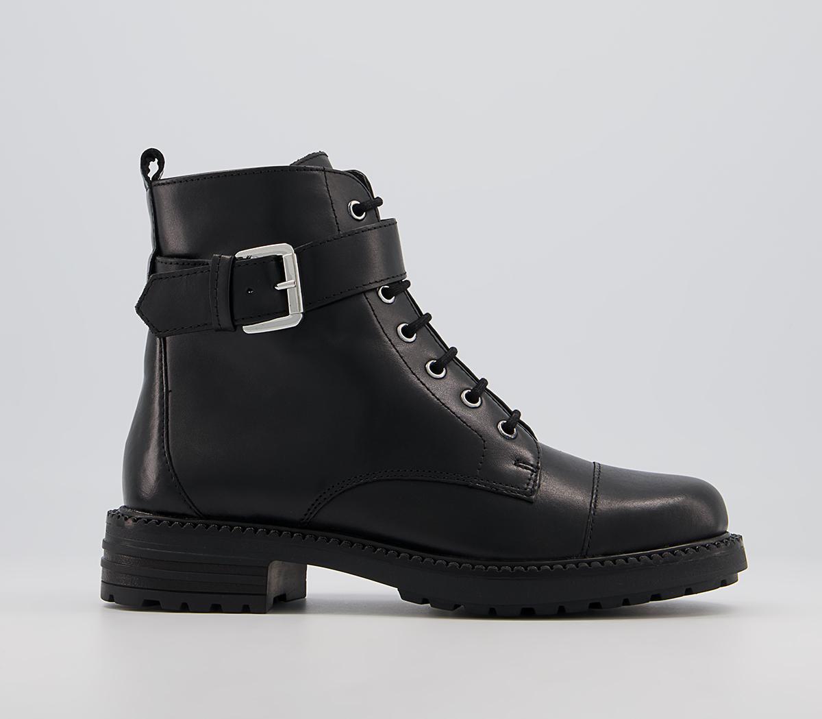 Office Alpaca Buckle Lace Up Biker Boots Black Leather - Ankle Boots