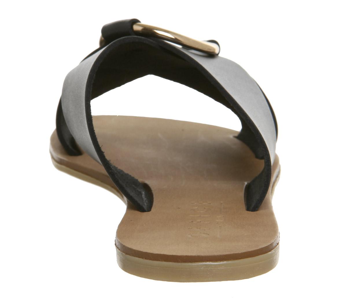 OFFICESpirit Ring Detail Mule SandalsBlack Leather Gold Ring