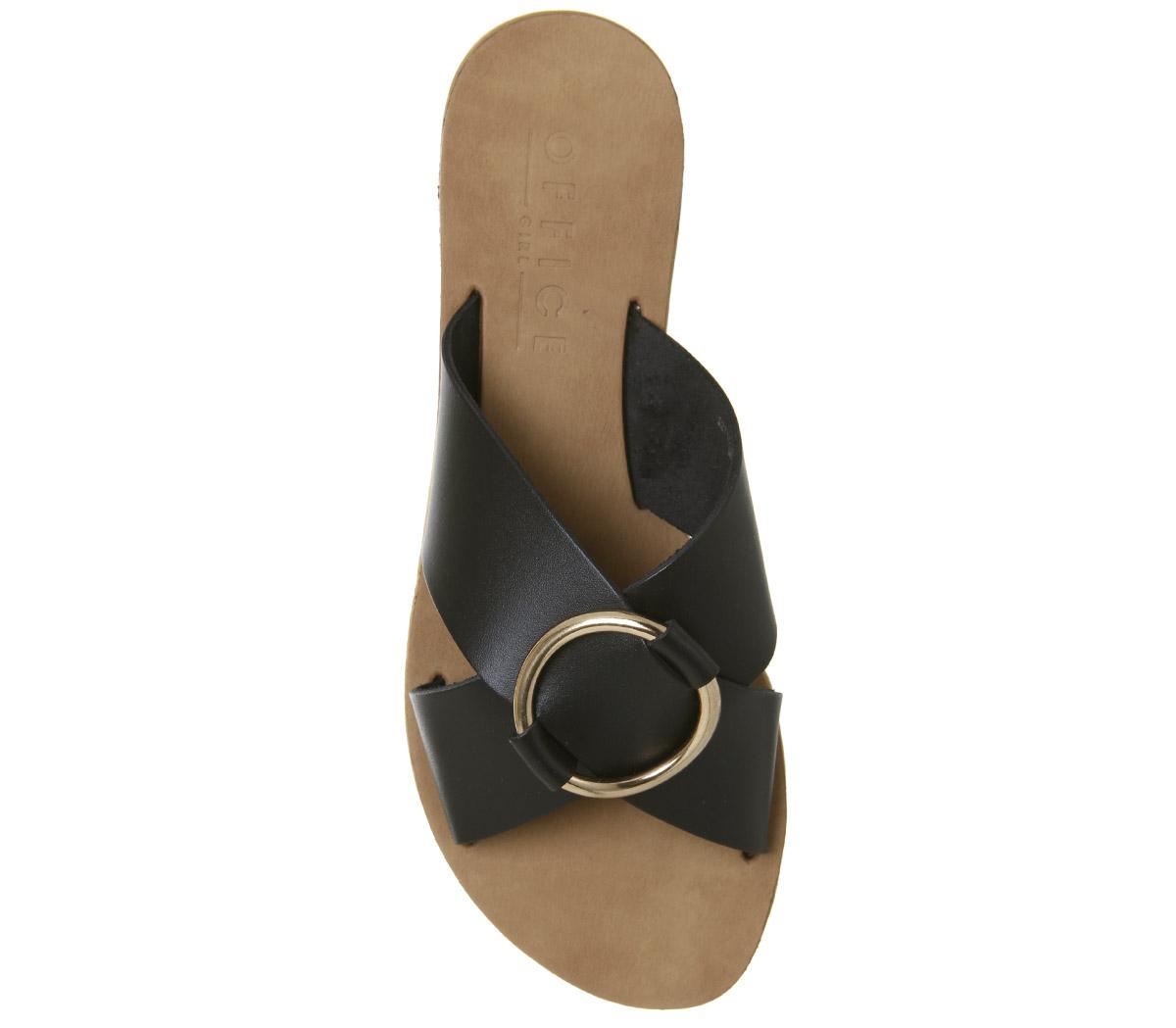 OFFICESpirit Ring Detail Mule SandalsBlack Leather Gold Ring