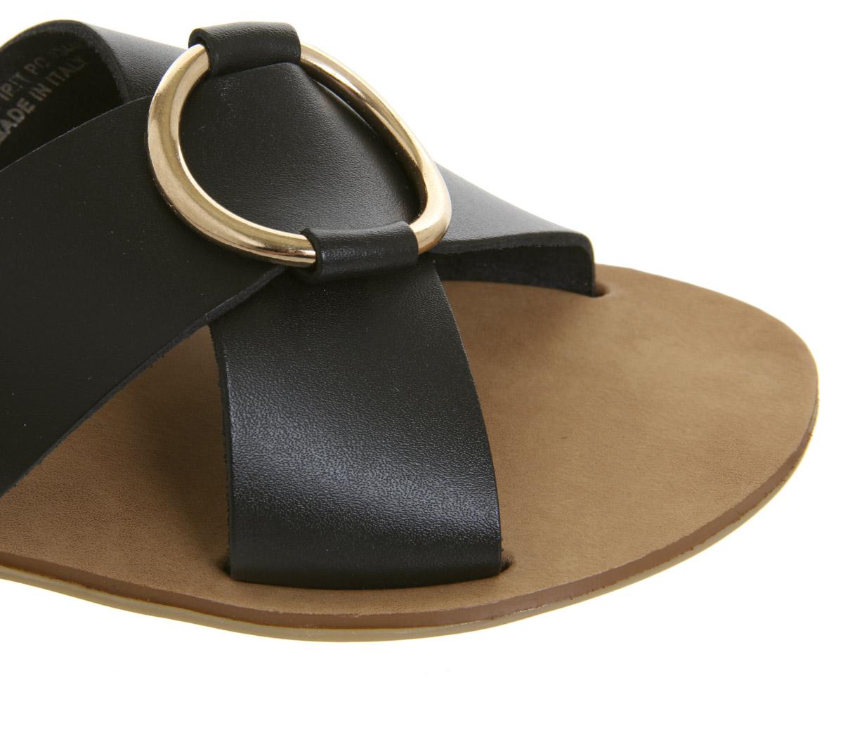 OFFICESpirit Ring Detail Mule SandalsBlack Leather Gold Ring