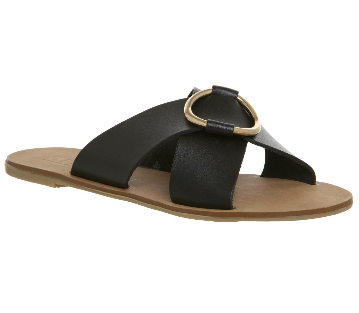 OFFICESpirit Ring Detail Mule SandalsBlack Leather Gold Ring
