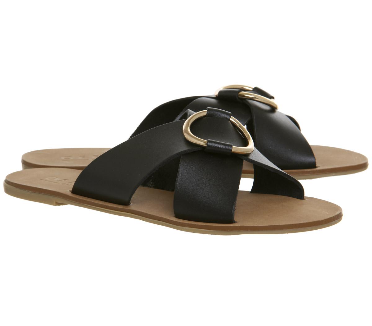 OFFICESpirit Ring Detail Mule SandalsBlack Leather Gold Ring