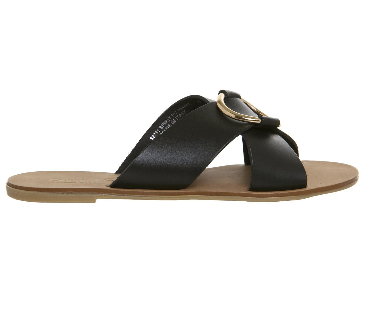 OFFICESpirit Ring Detail Mule SandalsBlack Leather Gold Ring