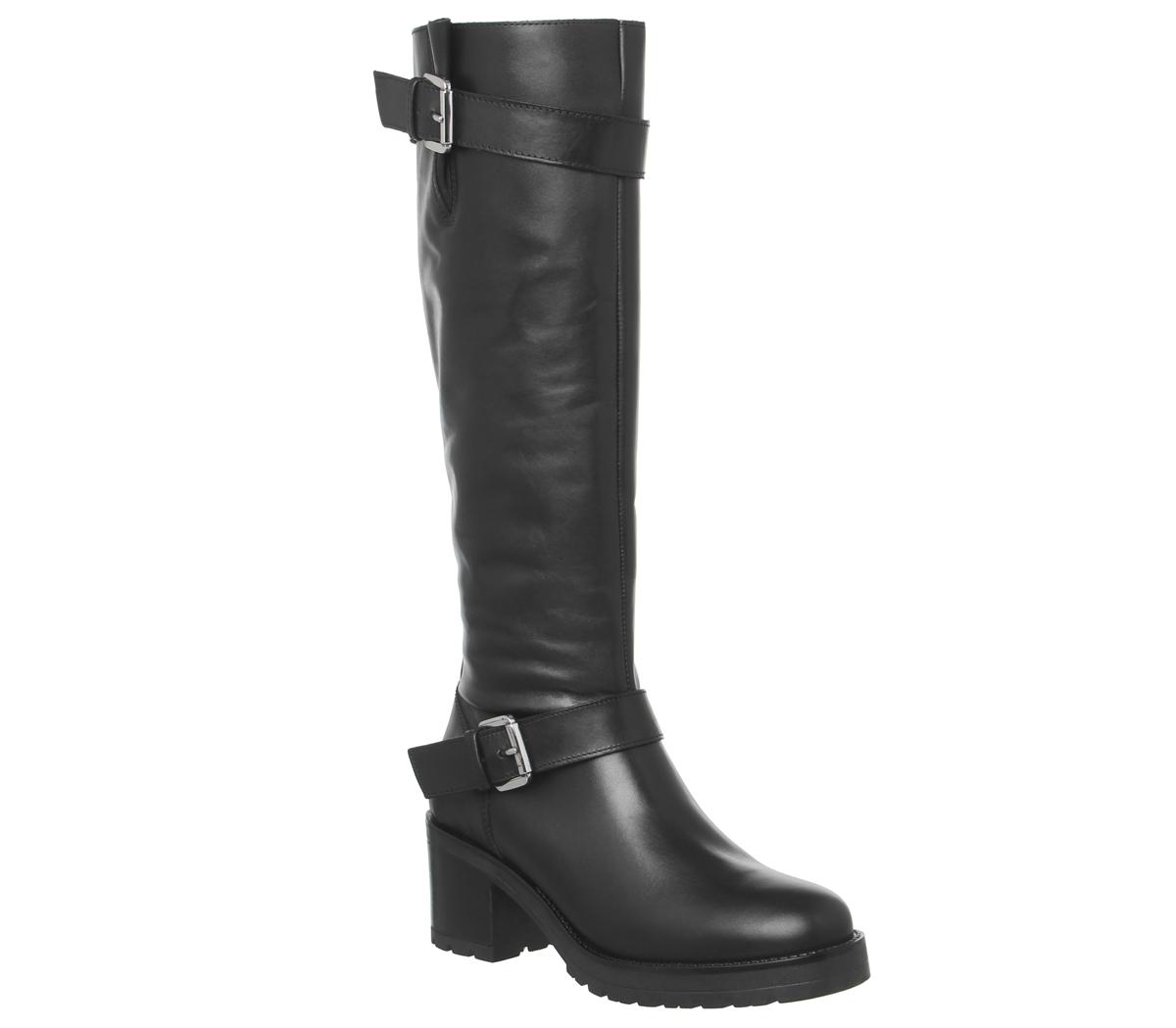 OFFICE Kadi- Casual Mid Buckle Knee Boot Black Leather - Knee High Boots