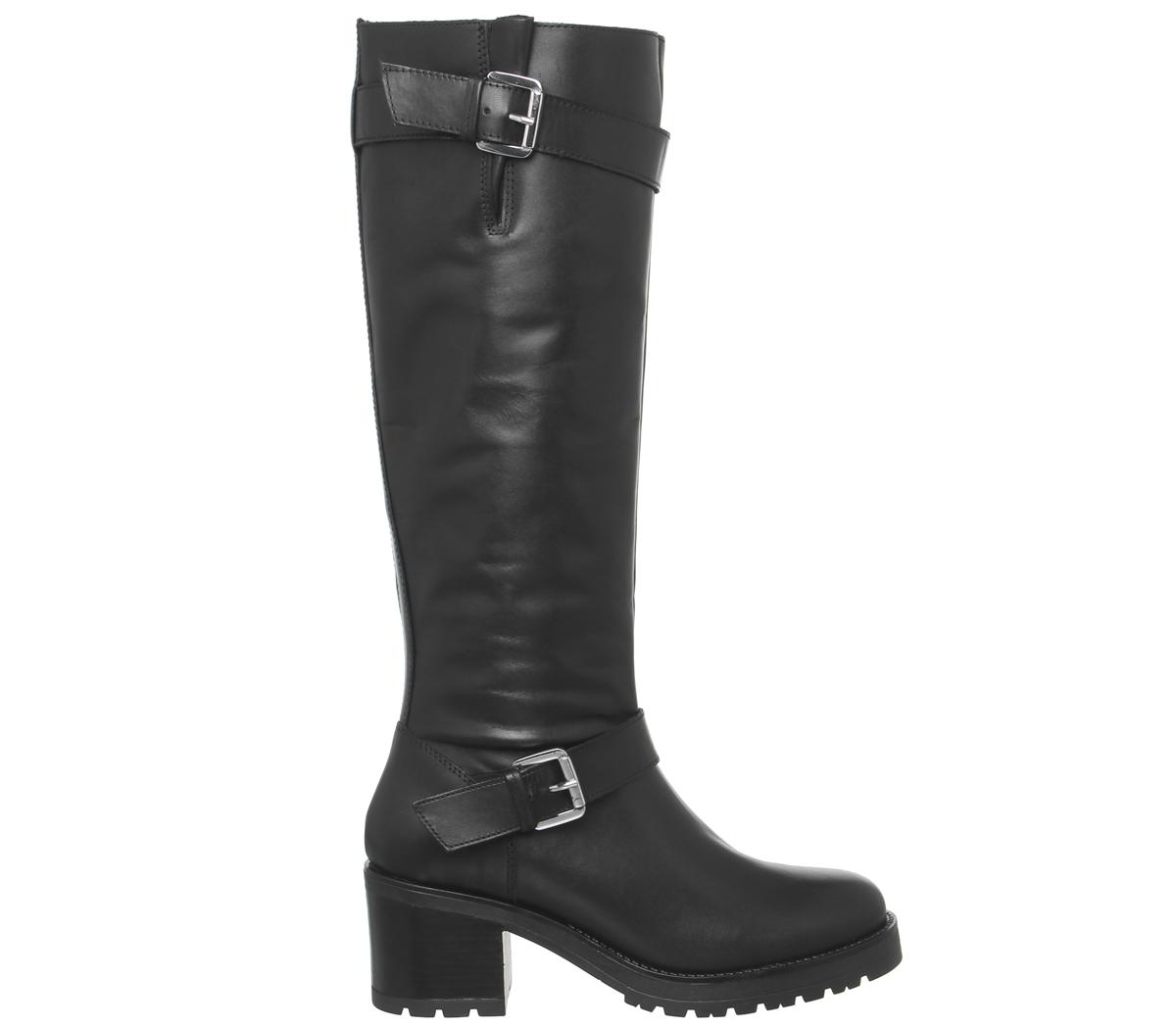 OFFICE Kadi- Casual Mid Buckle Knee Boot Black Leather - Knee High Boots