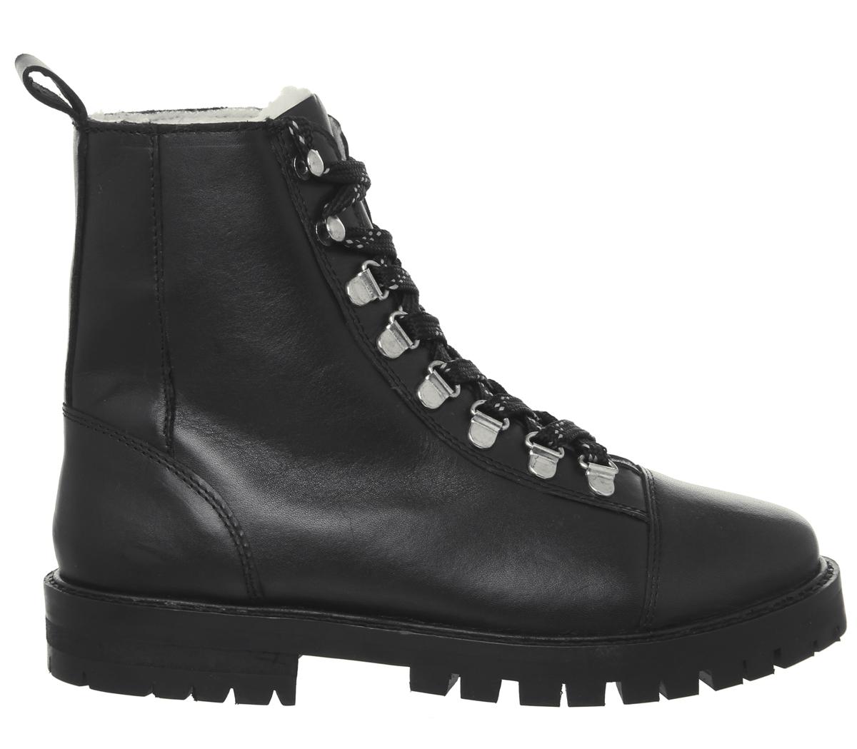 OFFICE Ansel Hiker Lace Up Boots Black Leather Natural Fur Lining ...