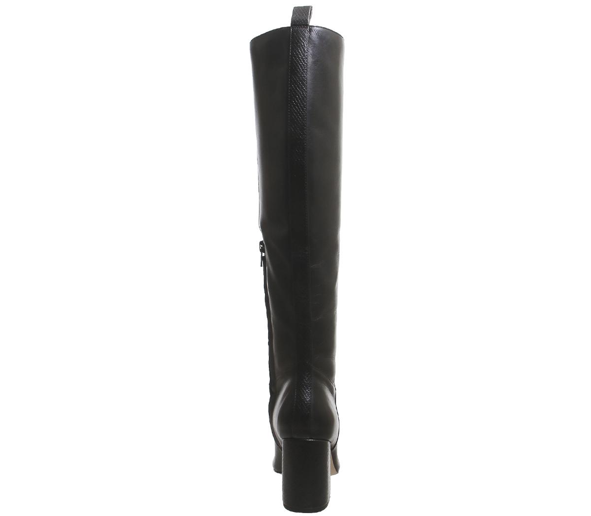 Office Kiki Pointed Block Heel Knee Boots Office Kiki Pointed Block Heel Knee Boots Black Leather Snake Heel