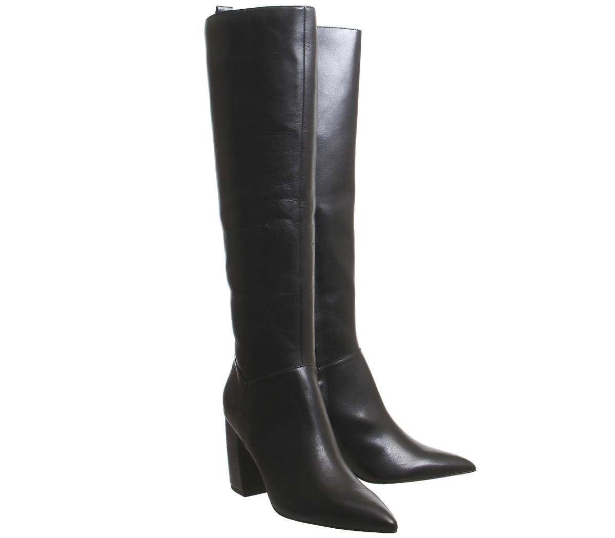 Office Kiki Pointed Block Heel Knee Boots Office Kiki Pointed Block Heel Knee Boots Black Leather Snake Heel