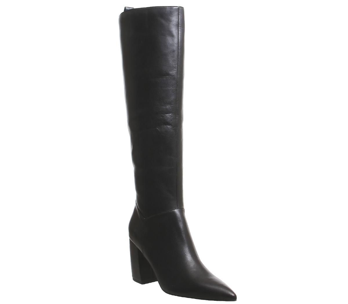 Office Kiki Pointed Block Heel Knee Boots Office Kiki Pointed Block Heel Knee Boots Black Leather Snake Heel