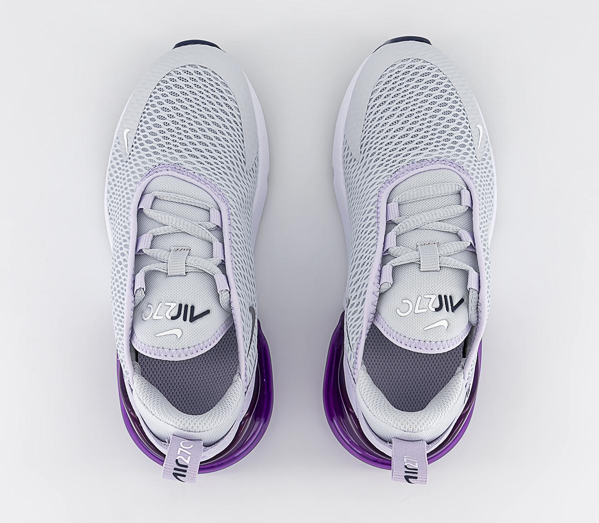 NikeAir Max 270 Kids Trainers Pure Platinum Metallic Silver Violet Frost Midnigh