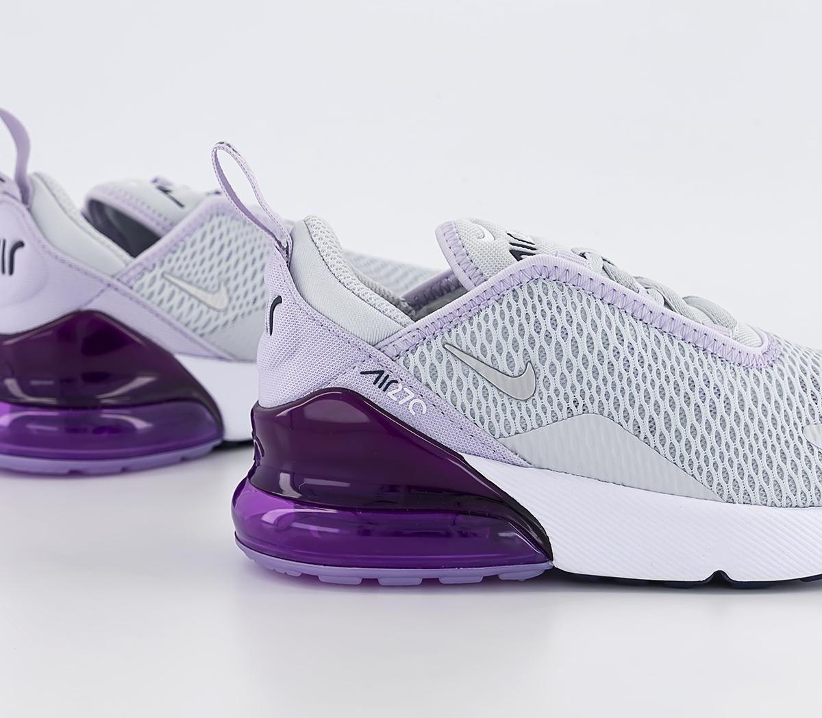 NikeAir Max 270 Kids Trainers Pure Platinum Metallic Silver Violet Frost Midnigh