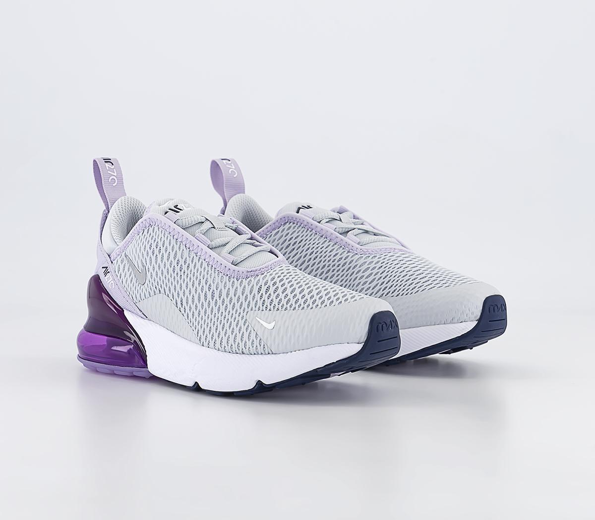 NikeAir Max 270 Kids Trainers Pure Platinum Metallic Silver Violet Frost Midnigh