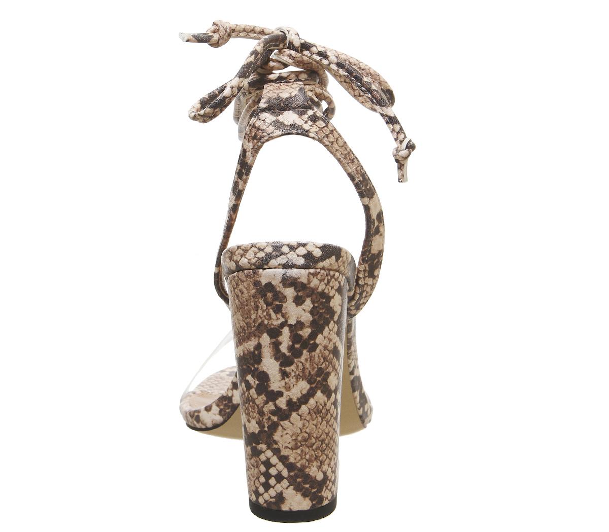 OFFICE Highjack Ankle Tie Block Heels Cream Snake High Heels