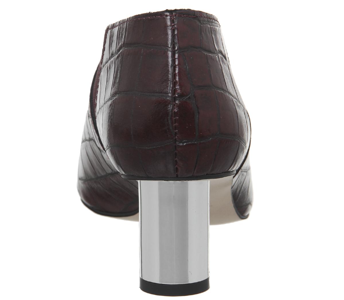 OFFICEMiracle Cylindrical Heel ShoebootBurgundy Croc Leather Silver Heel