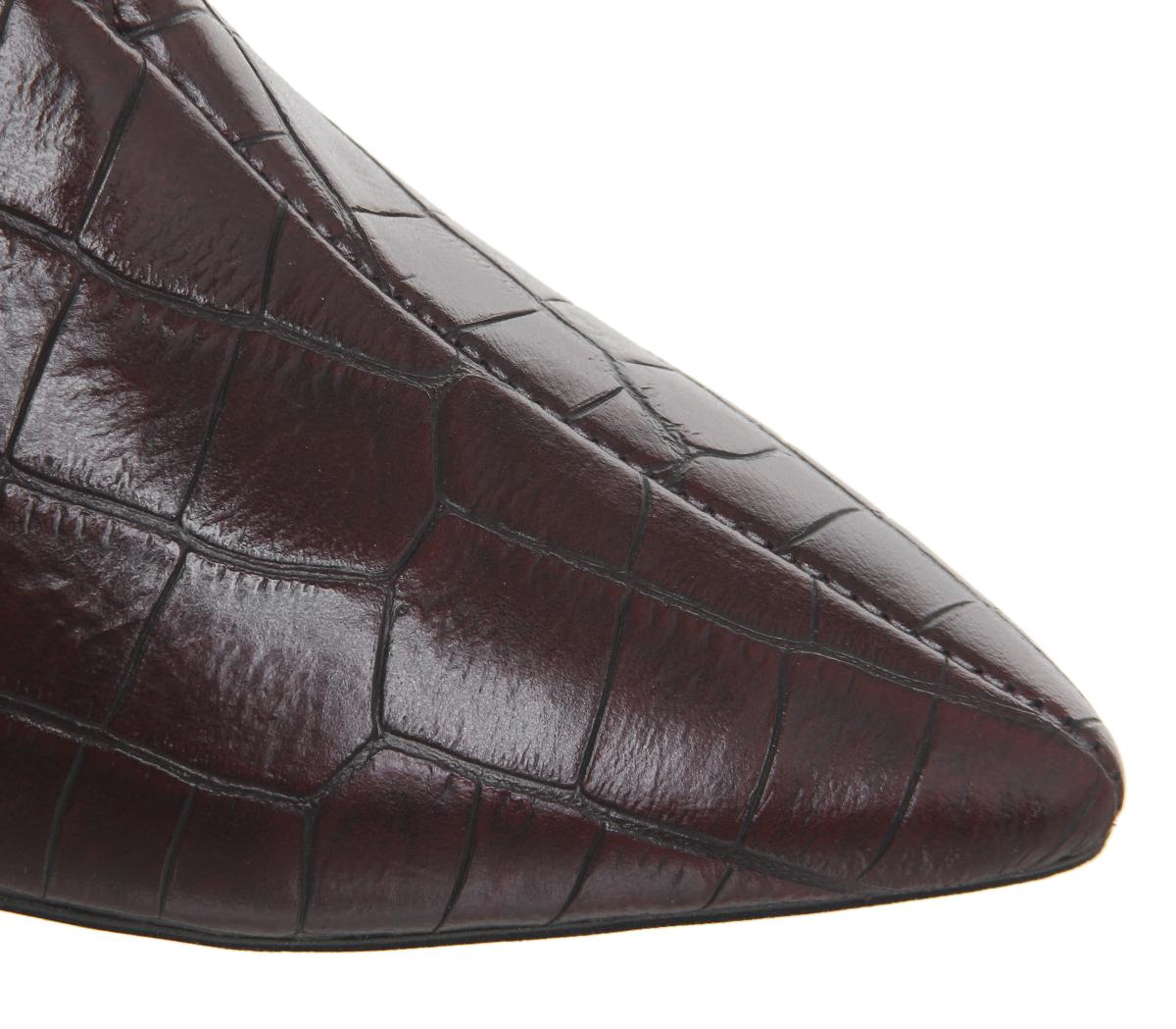 OFFICEMiracle Cylindrical Heel ShoebootBurgundy Croc Leather Silver Heel