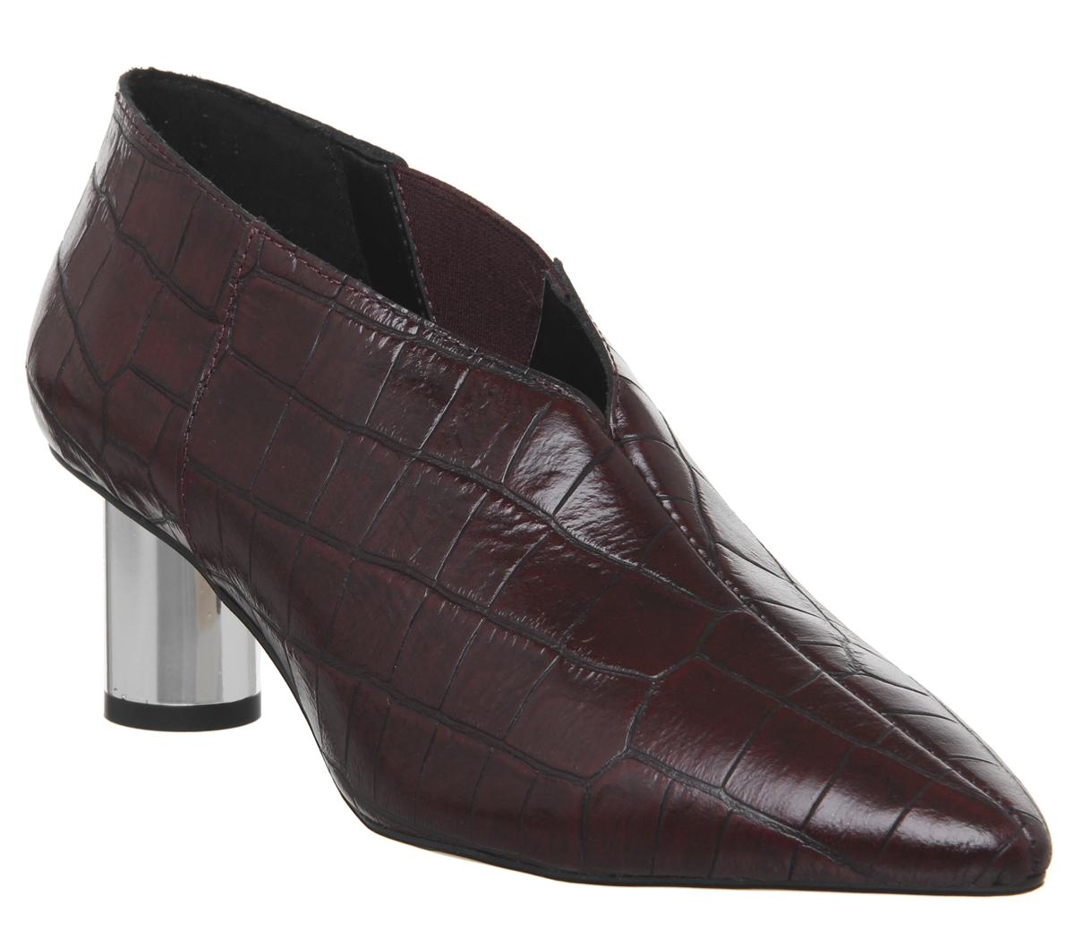 OFFICEMiracle Cylindrical Heel ShoebootBurgundy Croc Leather Silver Heel