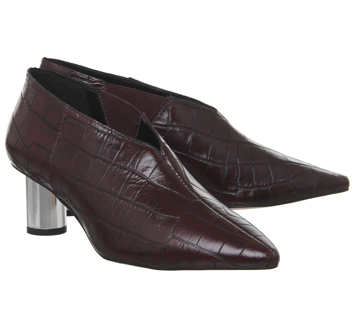 OFFICEMiracle Cylindrical Heel ShoebootBurgundy Croc Leather Silver Heel