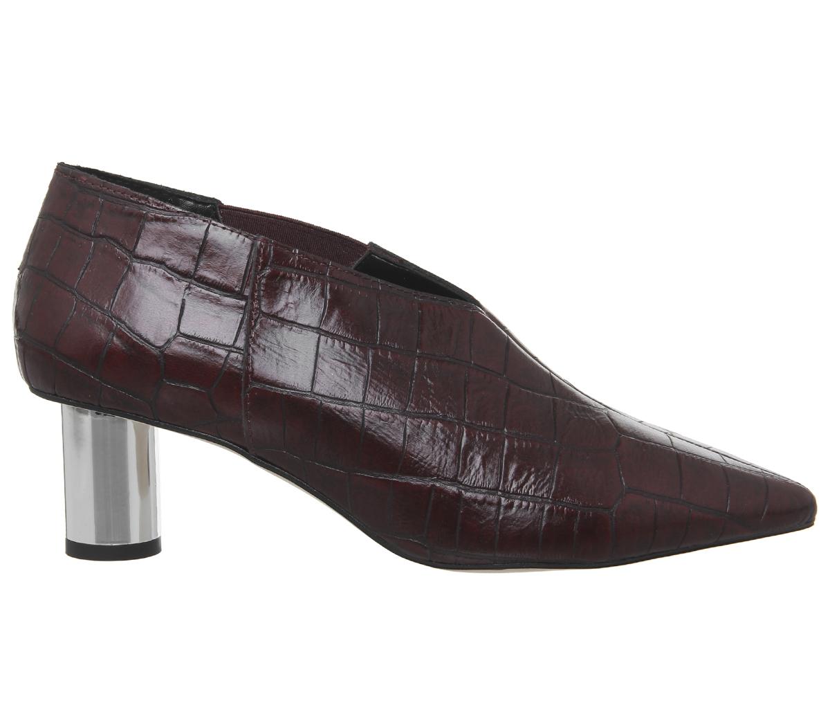 OFFICEMiracle Cylindrical Heel ShoebootBurgundy Croc Leather Silver Heel