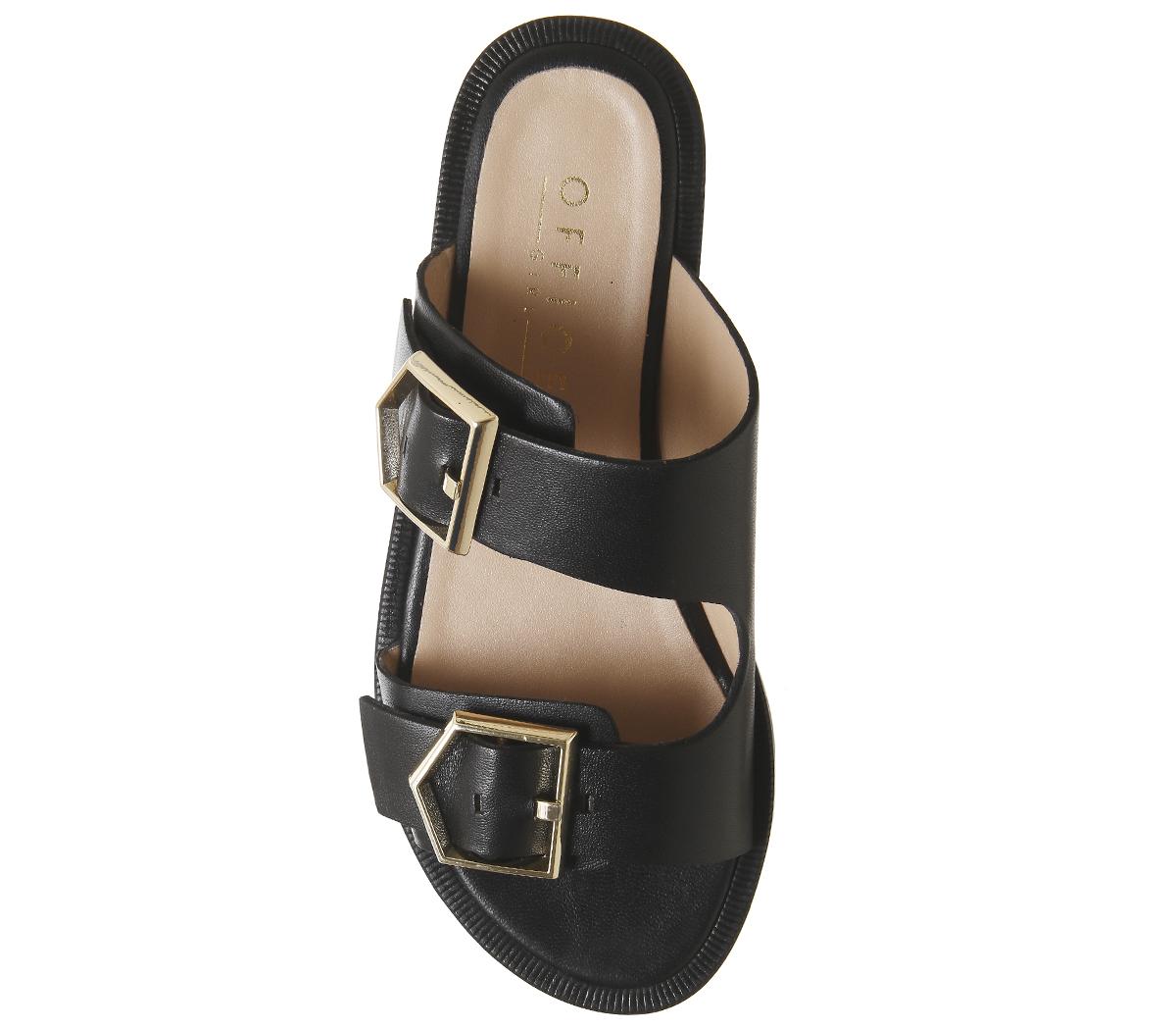 OFFICESage  Double Buckle SandalsBlack Leather Gold Buckles
