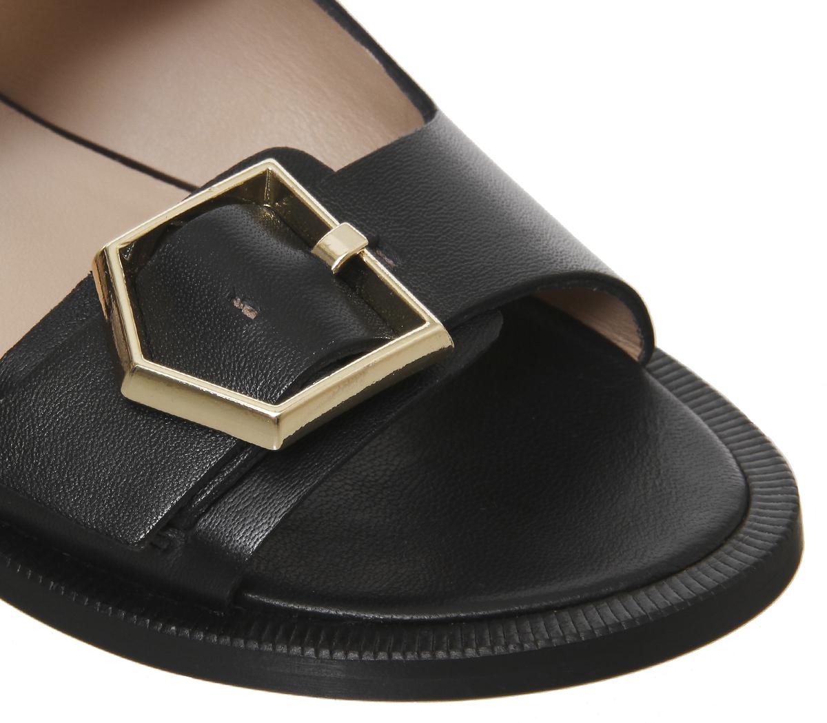 OFFICESage  Double Buckle SandalsBlack Leather Gold Buckles