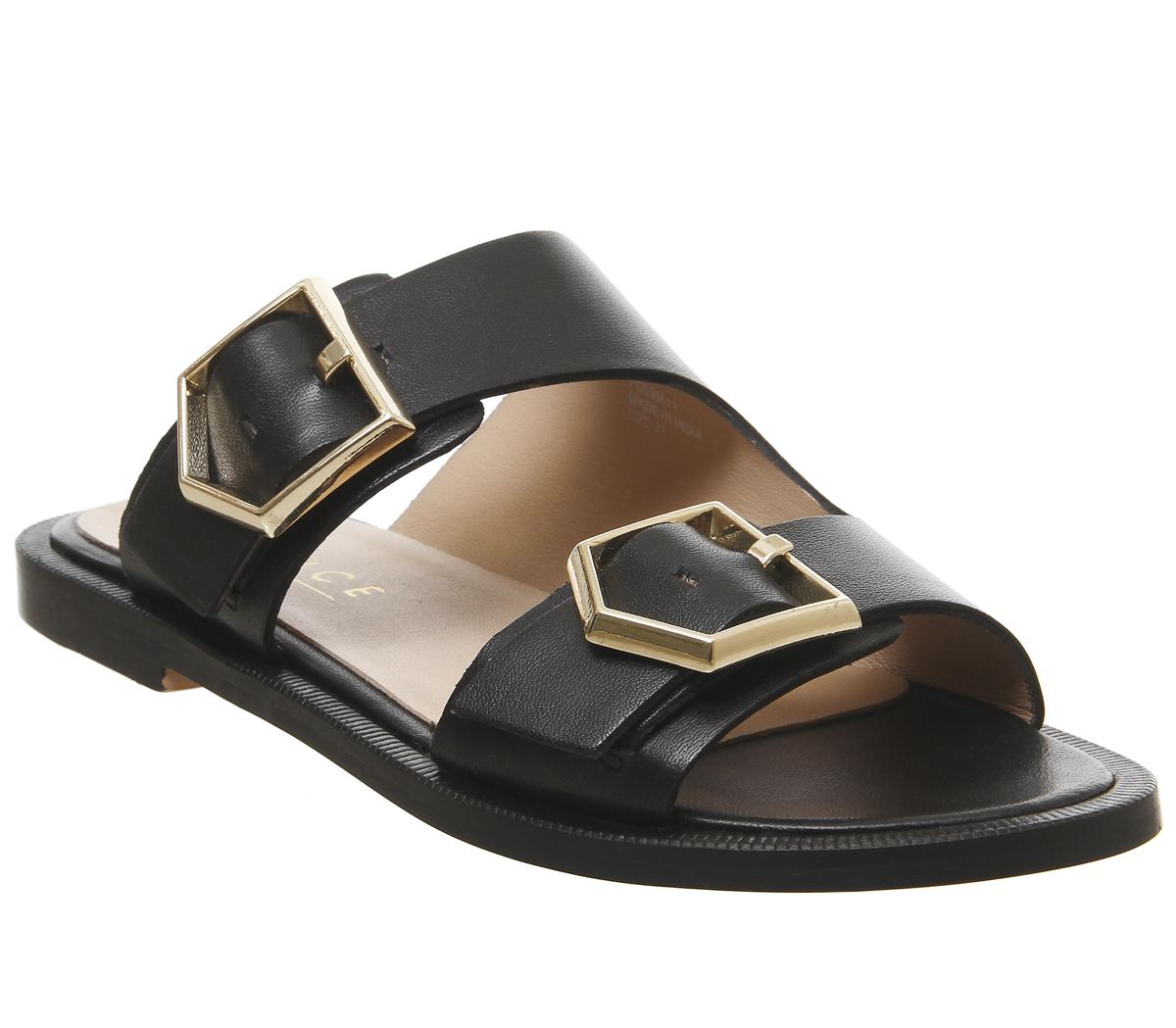 OFFICESage  Double Buckle SandalsBlack Leather Gold Buckles