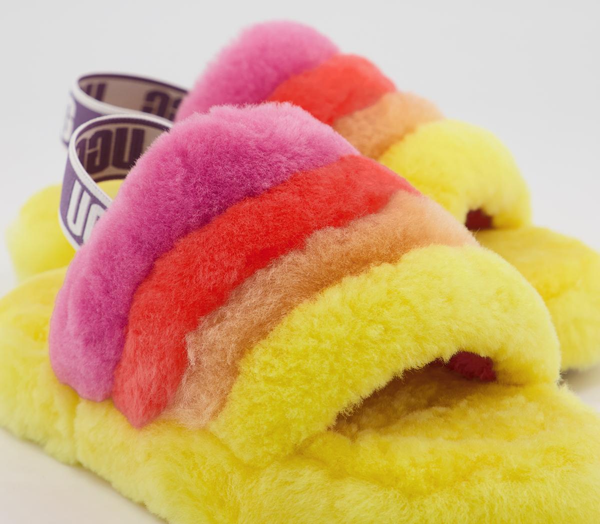 UGG Fluff Yeah Slide Youth Slippers UGG Fluff Yeah Slide Youth Slippers Yellow Rainbow