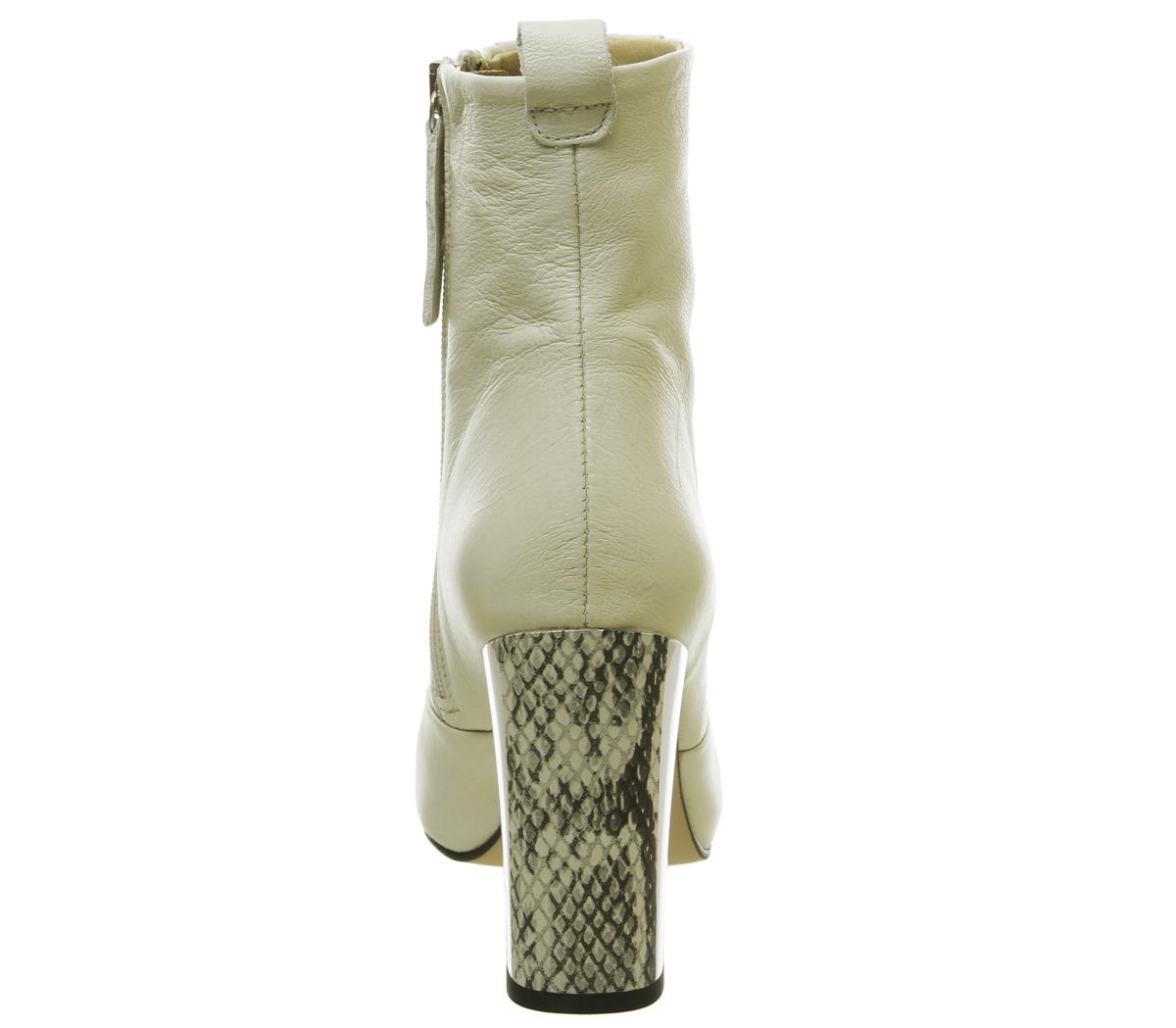 OFFICEAries Square Toe Boots OFFICEAries Square Toe BootsOff Whte Leather Snake Silver Mix Heel
