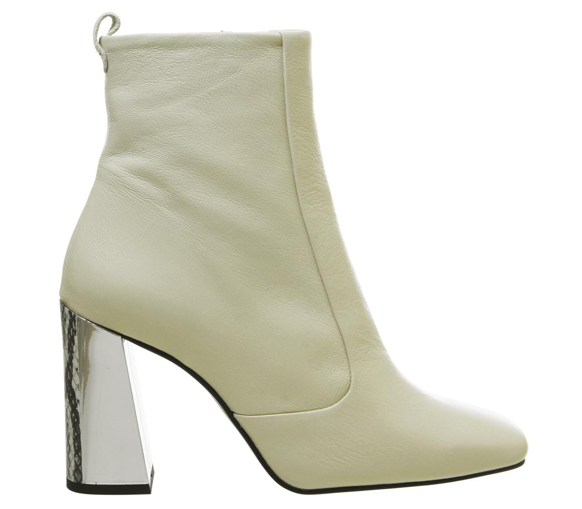 OFFICEAries Square Toe Boots OFFICEAries Square Toe BootsOff Whte Leather Snake Silver Mix Heel