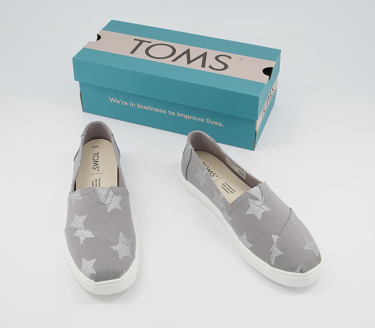 TOMS Alpargata Cupsole Slip Ons Drizzle Grey Glitter Stars Flat
