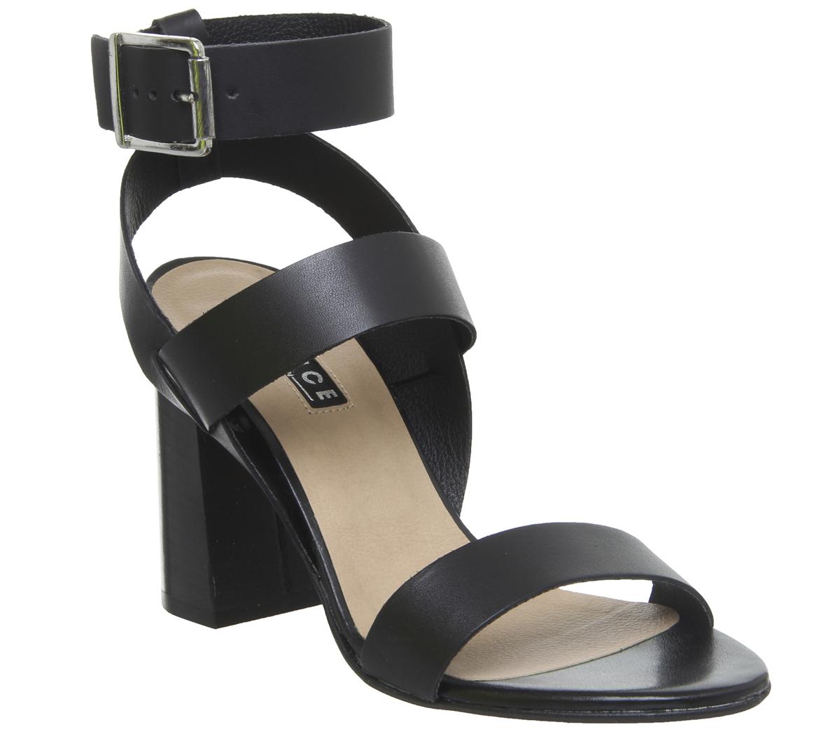 OFFICE Hanny Triple Strap Block Heels Black Leather - High Heels