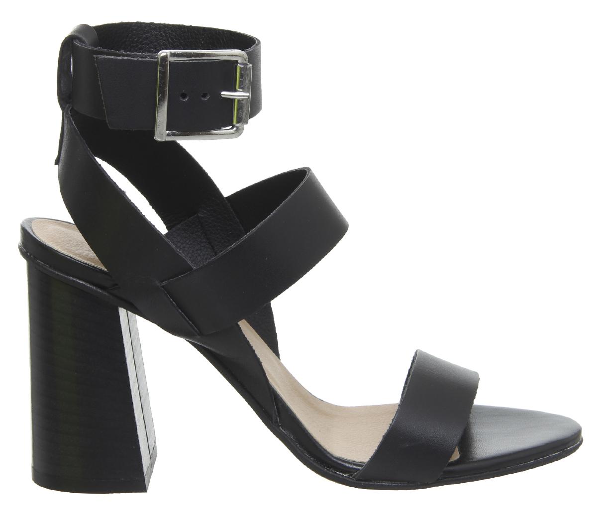 OFFICE Hanny Triple Strap Block Heels Black Leather High Heels