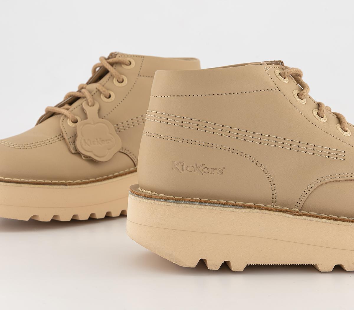 Kickers Kick Hi Stack Boots Beige Leather Flat Shoes for Women