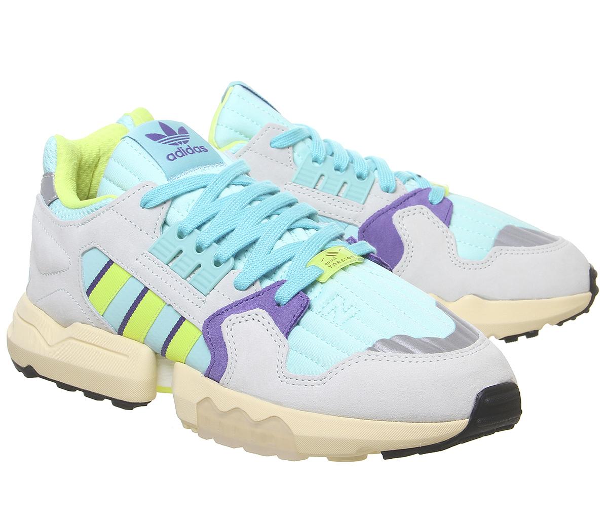 purple's adidas Zx Torsion Trainers Clear Aqua Solar Yellow Purple