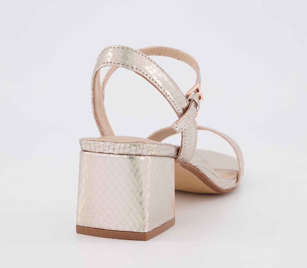 OFFICEMula Minimal Block Heel SandalsRose Gold Snake With Metal Plate