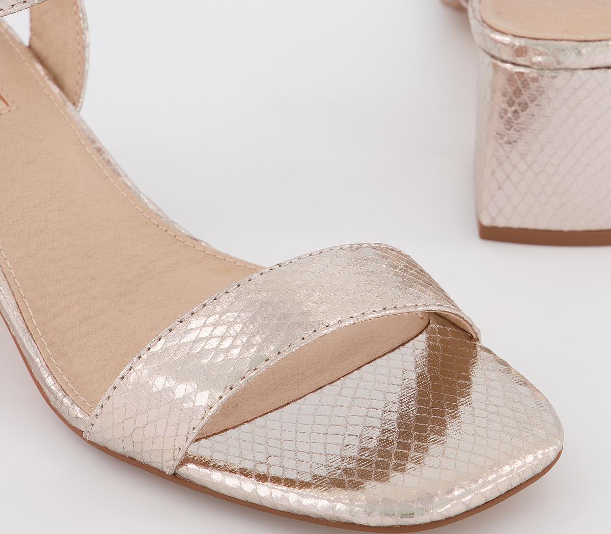 OFFICEMula Minimal Block Heel SandalsRose Gold Snake With Metal Plate