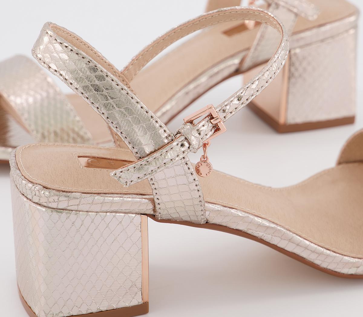 OFFICEMula Minimal Block Heel SandalsRose Gold Snake With Metal Plate